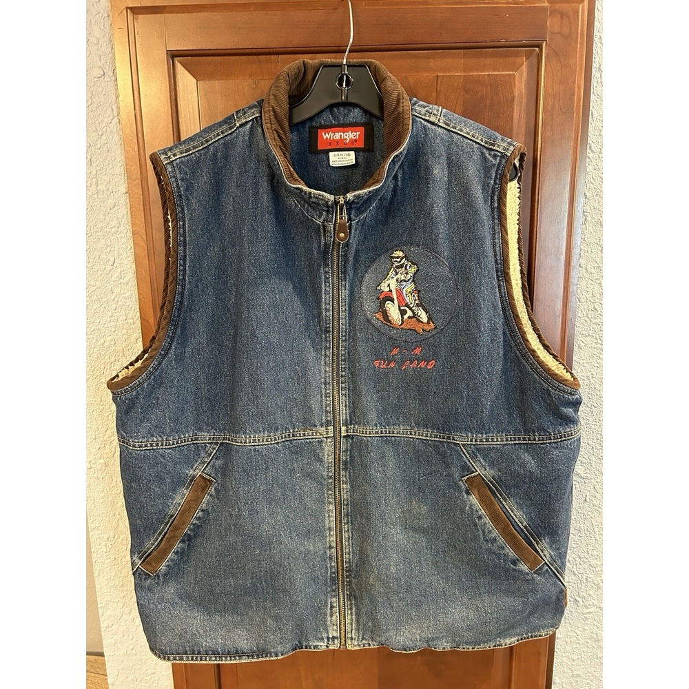 Vintage Wrangler Hero Sherpa Lined Denim Jean Vest Men's X-Large Motocross Logo